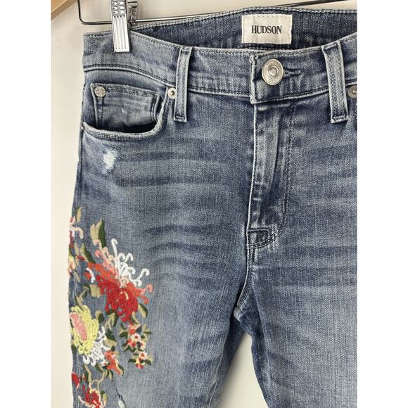Hudson Nico Mid Rise Ankle Embroidered Distressed Skinny Jeans Women's Size 27 - Picture 6 of 14